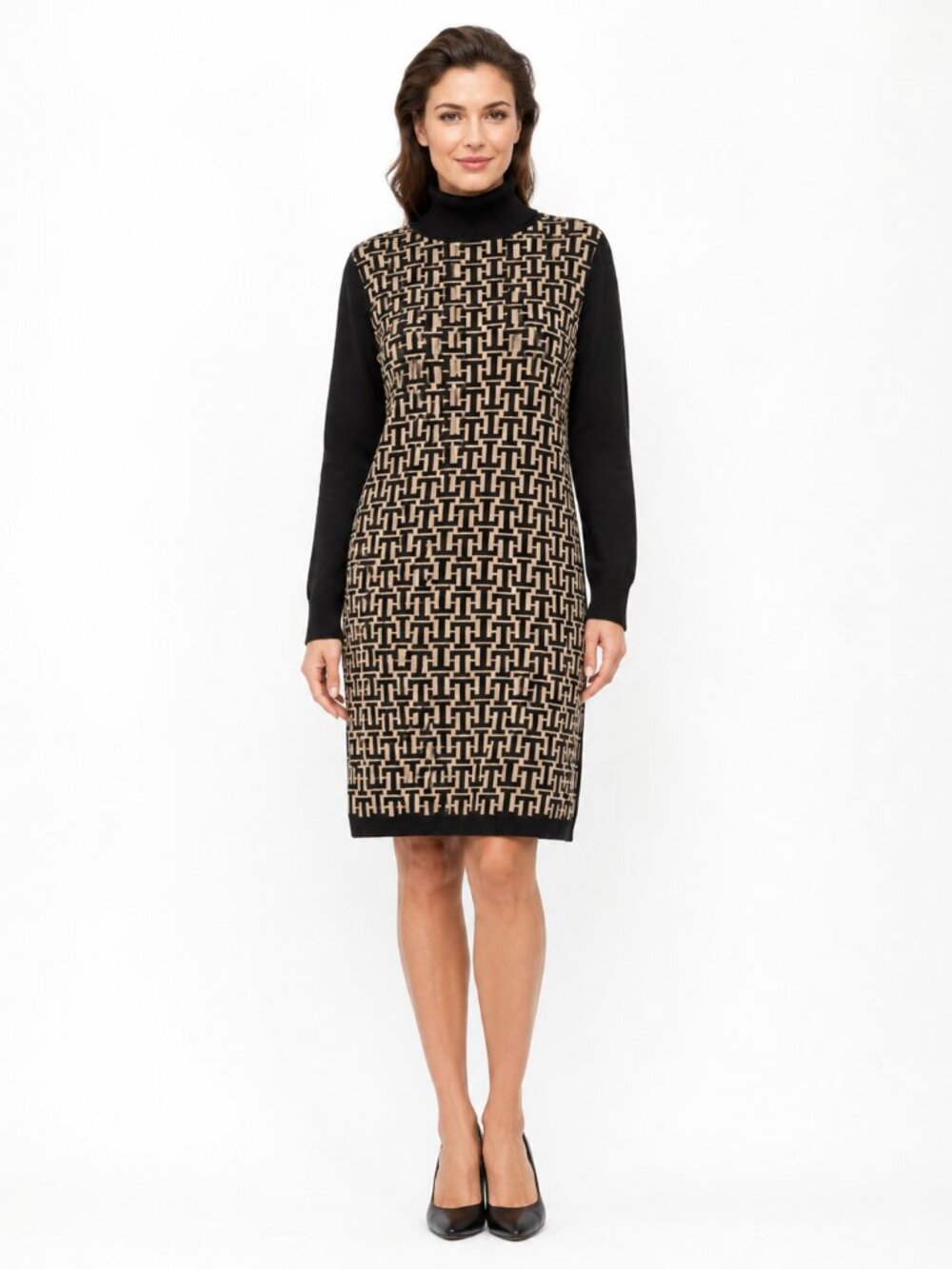 Tommy Hilfiger Black & Beige Logo Turtleneck Sweater Dress, L